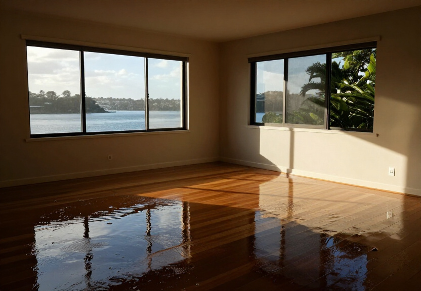 Flooded living room in Dural home before restoration